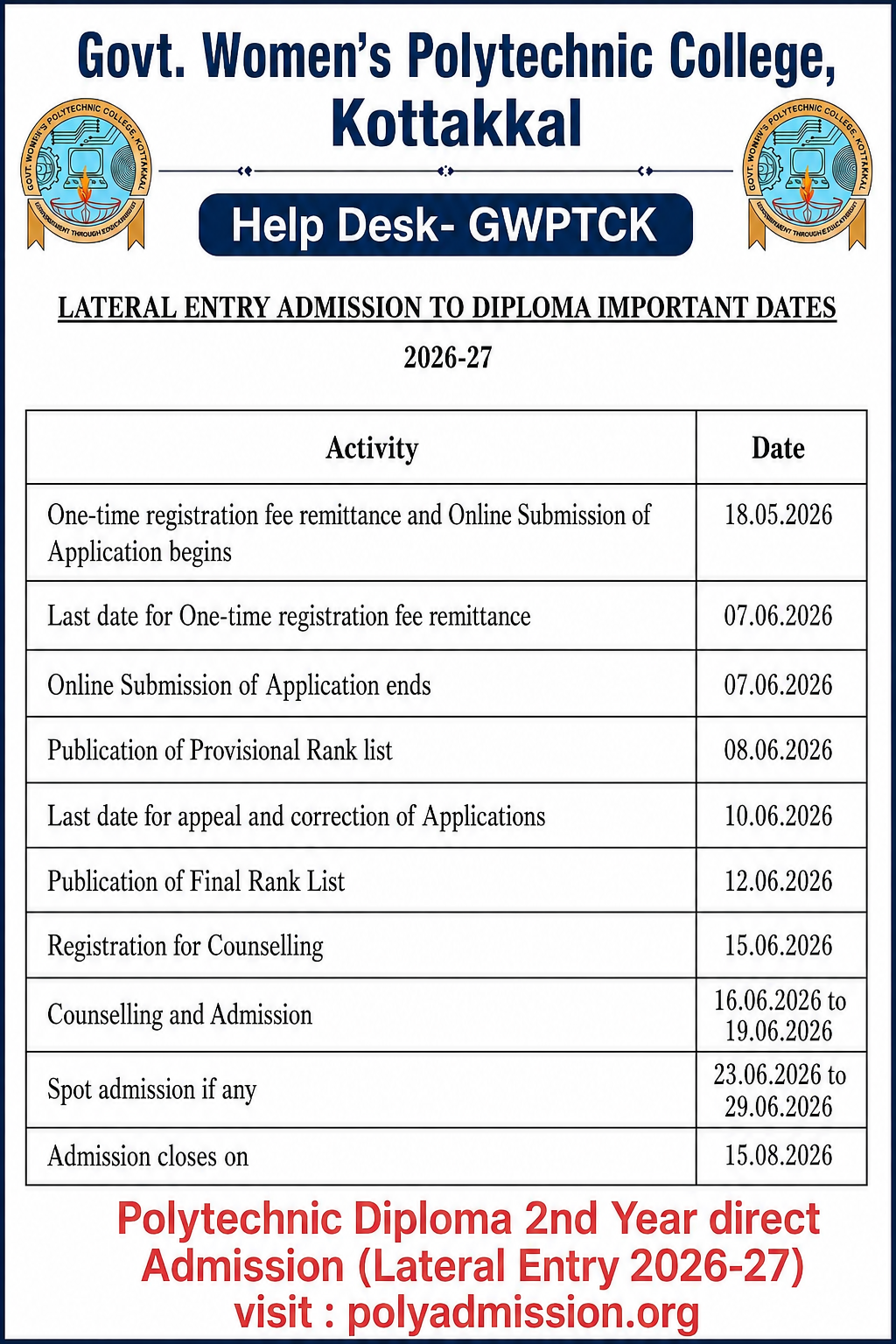 Lateral Entry Admission 2026-27 Important Dates